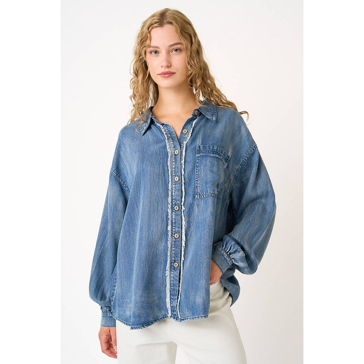 WASHED CHAMBRAY RAW EDGE FRILL BUTTON DOWN SHIRT