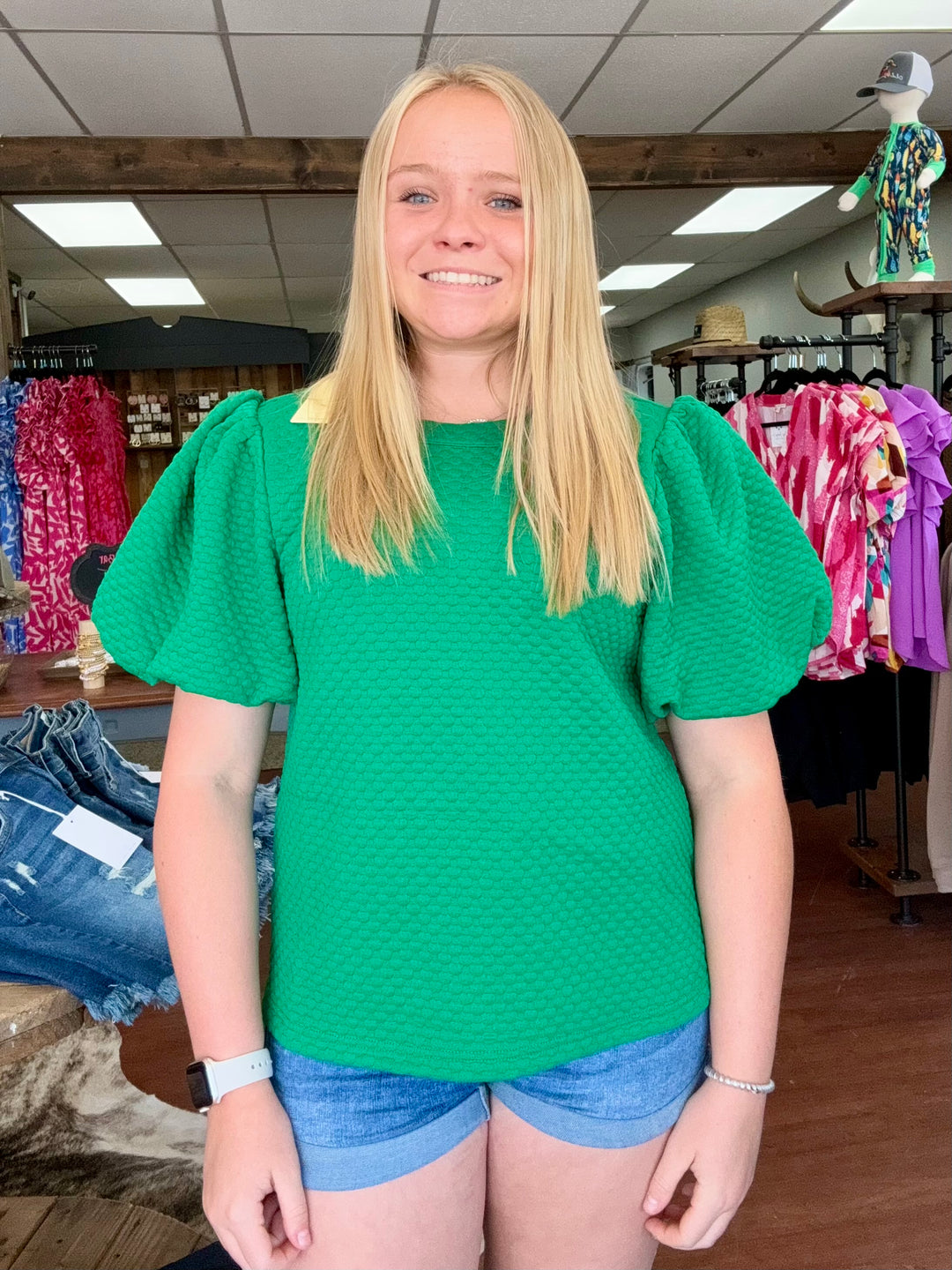 Green Quilted Puff Sleeve Top