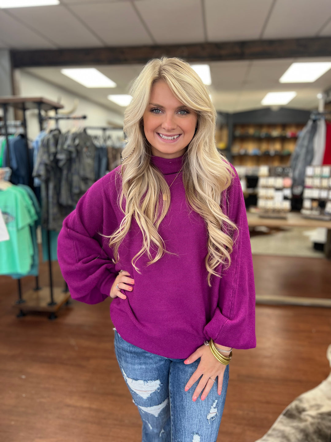 Magenta Dolman Mockneck Sweater