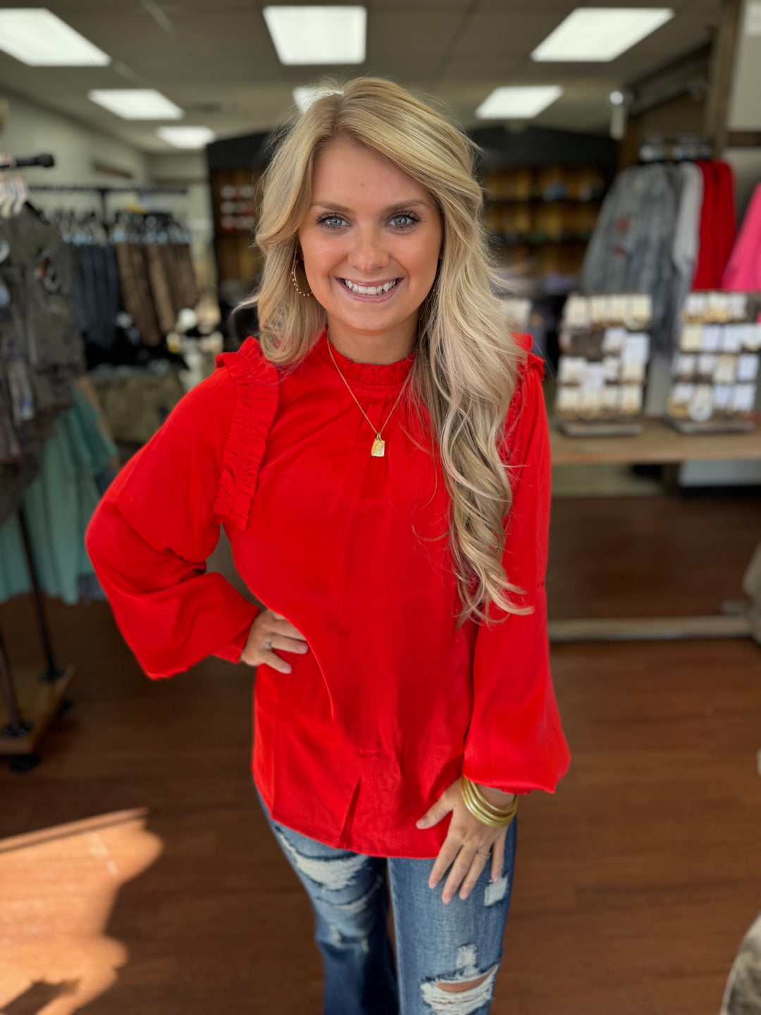 Red Silk Ruffle Shoulder Top