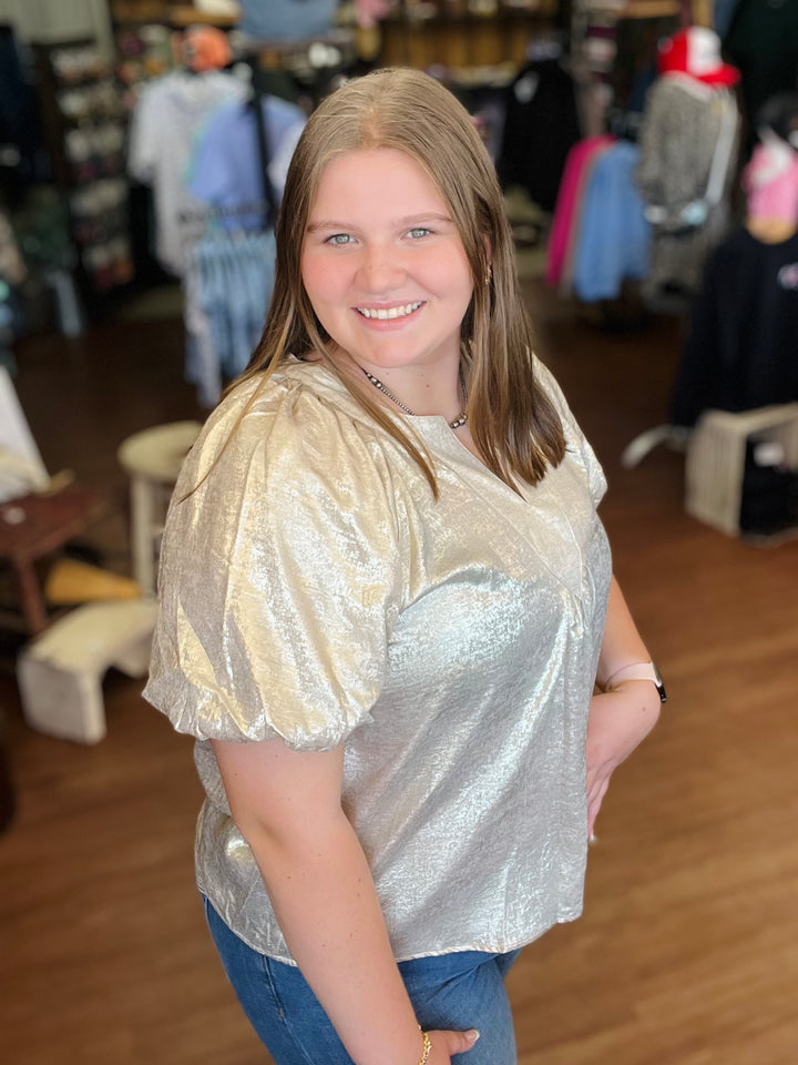 Metallic Puff Sleeve Blouse