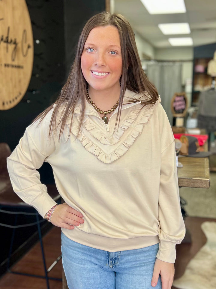Cream Long Sleeve Top W/ Ruffle Details