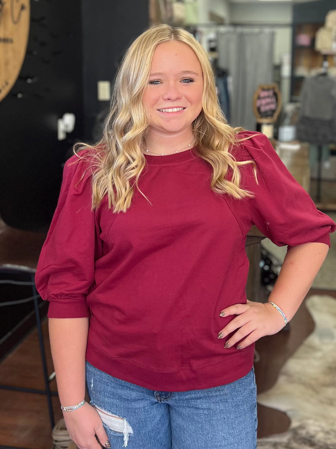 Burgundy Puff Sleeve Pullover Sweatshirt Top