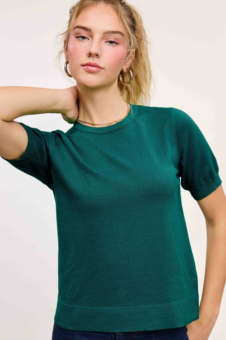 Sadie Soft Short Puffy Sleeve Basic Stretchy Knit Top