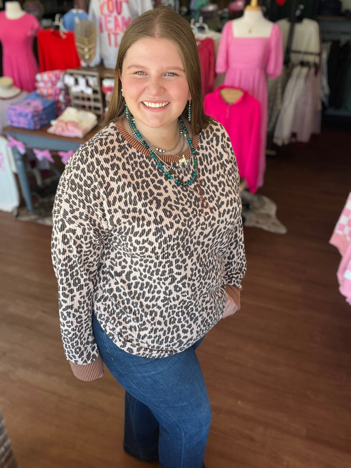 Rib Animal Print Drop Shoulder V Seam Long Sleeve Top