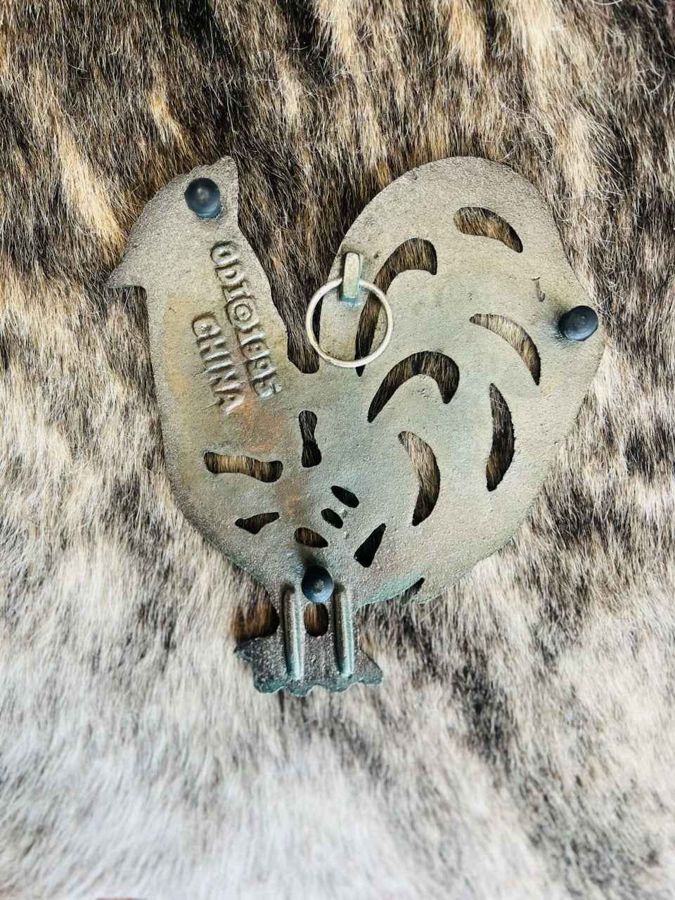 Vintage Rooster Cast Iron Copper Trivet