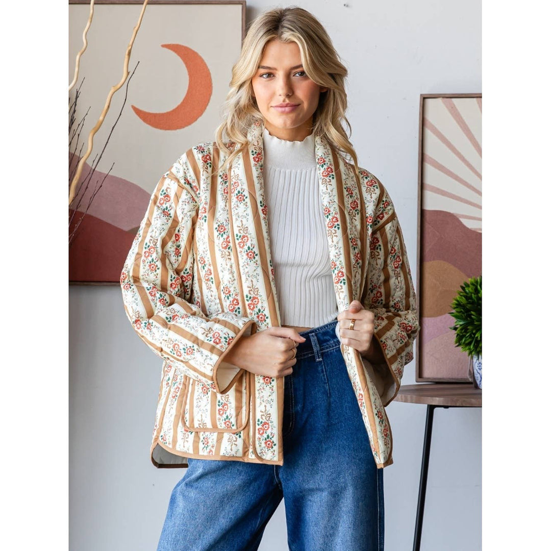 Quilted Stripe Flower Open Jacket