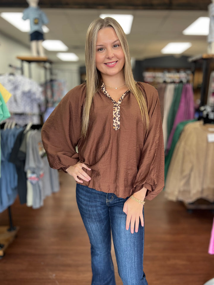 Brown Balloon Sleeve Blouse with Leopard Trim