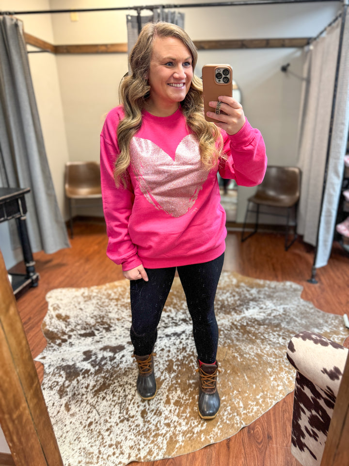 Pink Glitter Heart Crewneck Sweatshirt