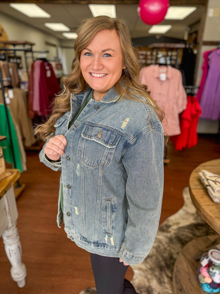 Plus Size Med Wash Distressed Classic Denim Jacket