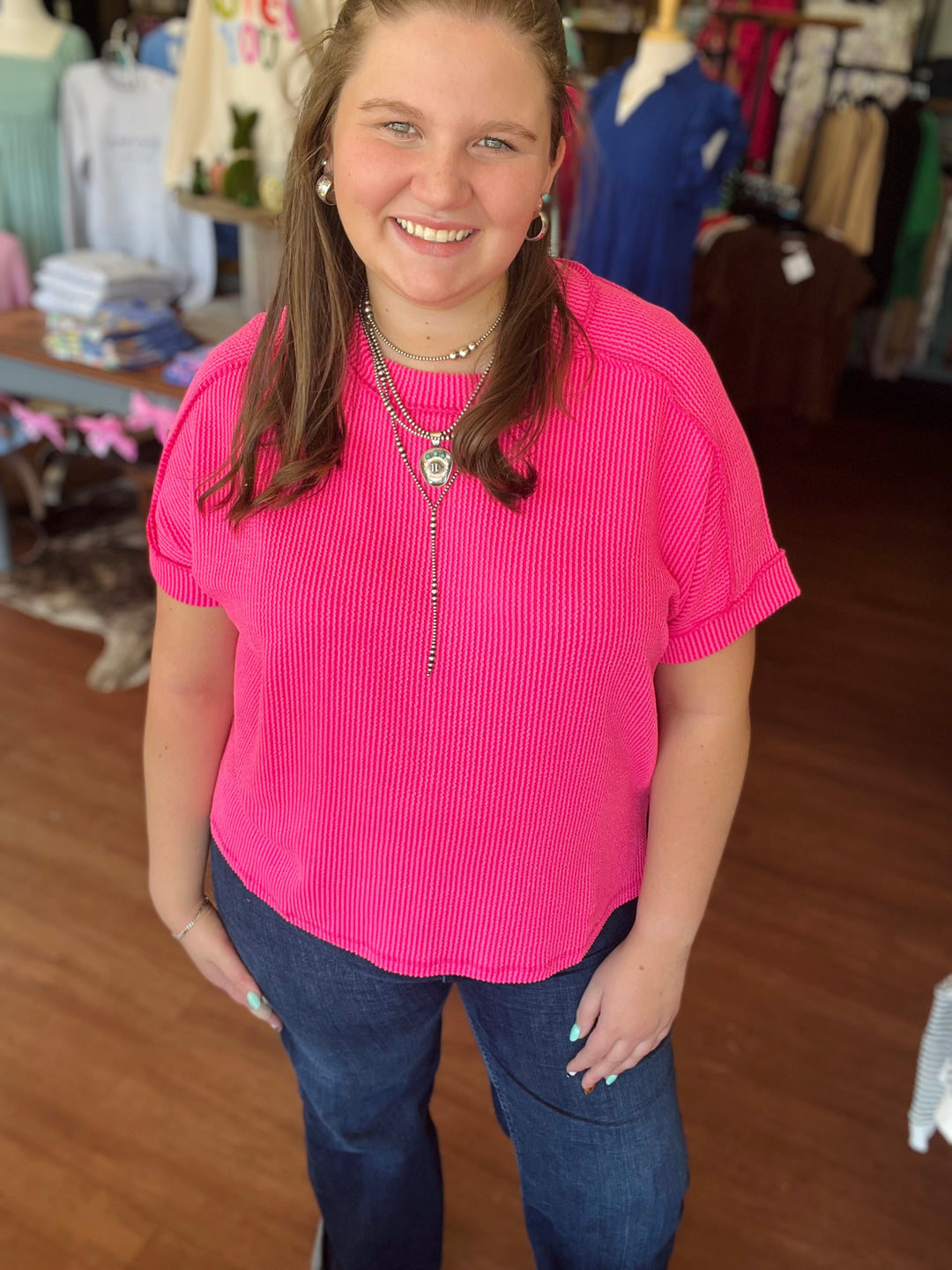 Carrie Corded Rib Cuff Sleeve Raw Edge Top