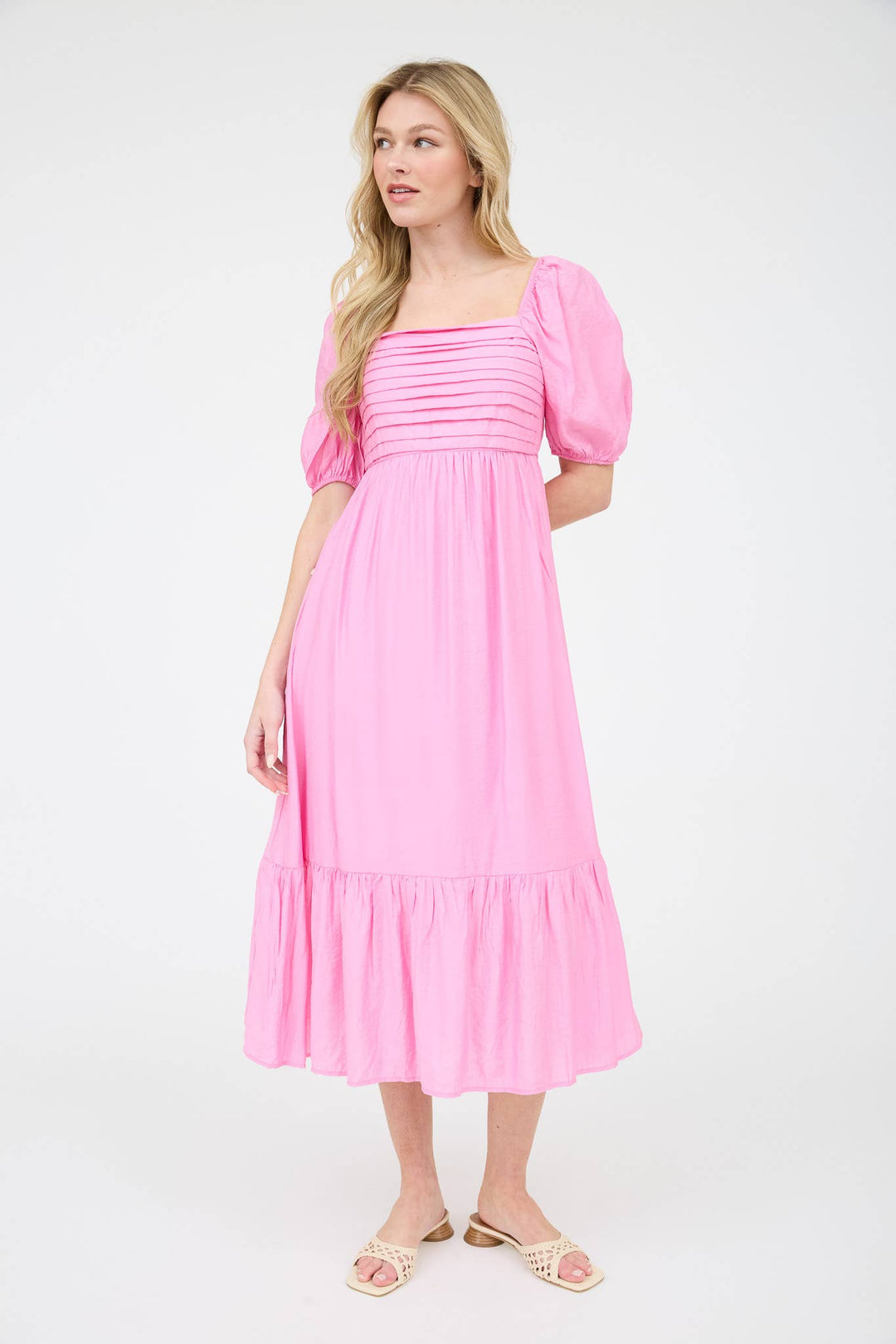 CHARLOTTE PLEATED EMPIRE WAIST PUFF SLEEVE MIDI DRESS