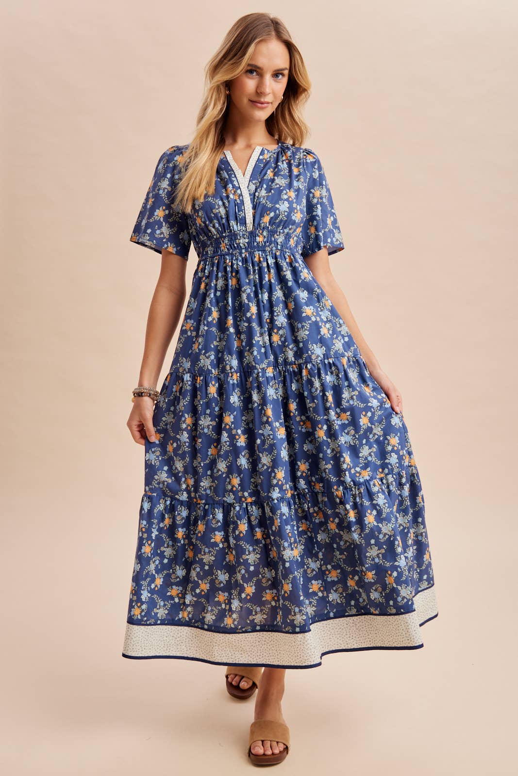 COTTON FLORAL BORDERED MAXI DRESS
