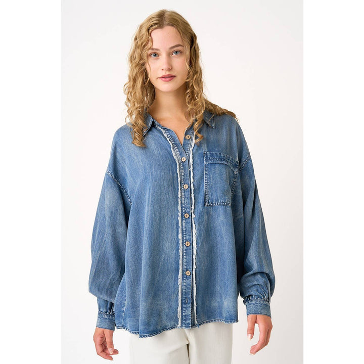 WASHED CHAMBRAY RAW EDGE FRILL BUTTON DOWN SHIRT