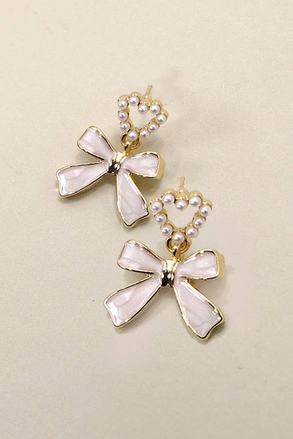 BOW HEART PEARL DROP EARRINGS