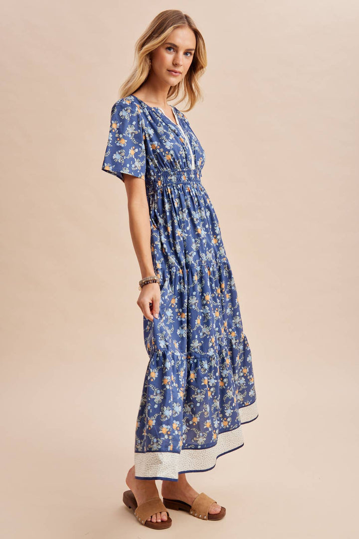 COTTON FLORAL BORDERED MAXI DRESS