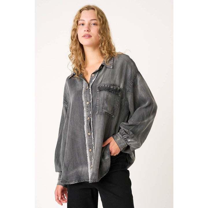 WASHED CHAMBRAY RAW EDGE FRILL BUTTON DOWN SHIRT