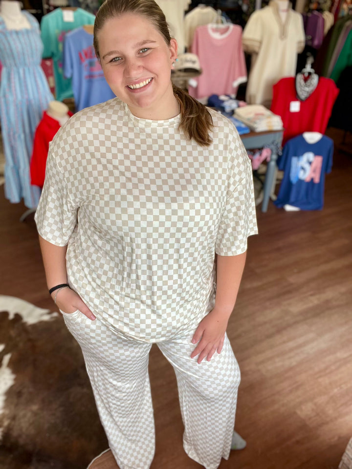 Cream Checkered Adult Bamboo Pajamas