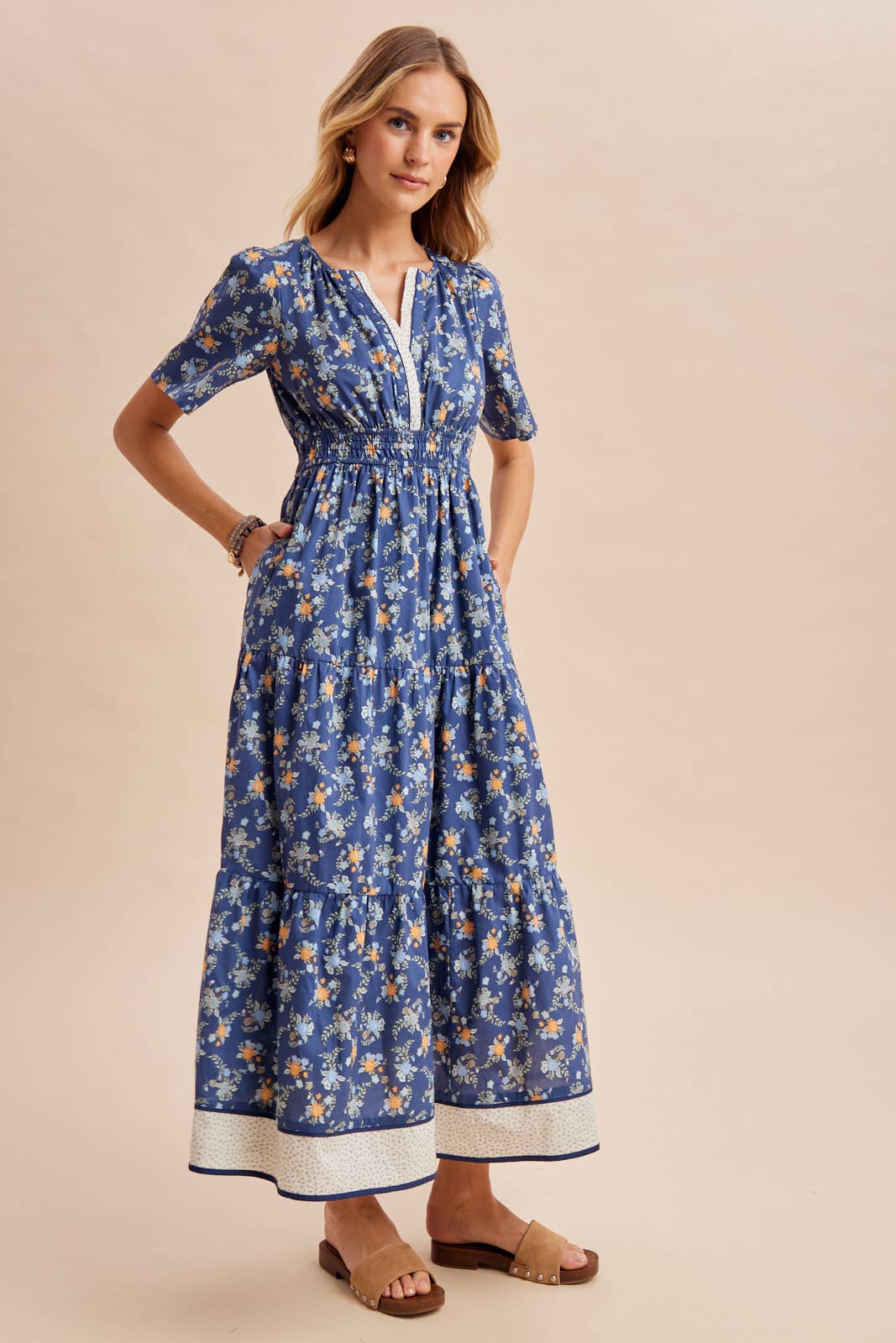 COTTON FLORAL BORDERED MAXI DRESS