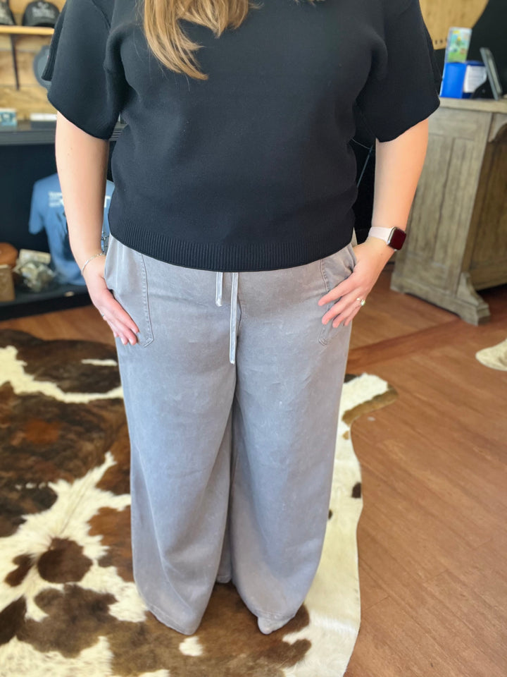 Drawstring Mineral Wash Wide Leg Pants