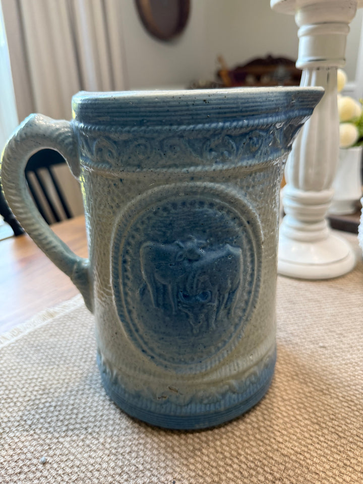 Antique Salt Glaze Pitcher Blue And White Stoneware