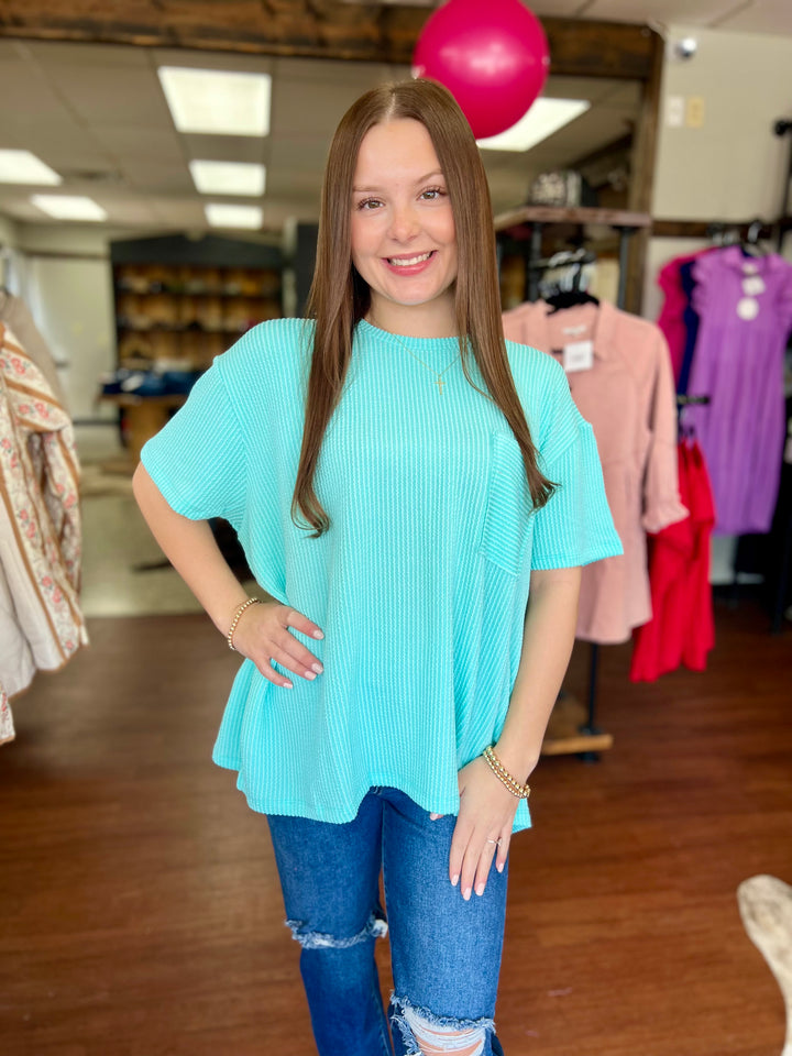 Callie Corded Rib Short Sleeve Pocket Top