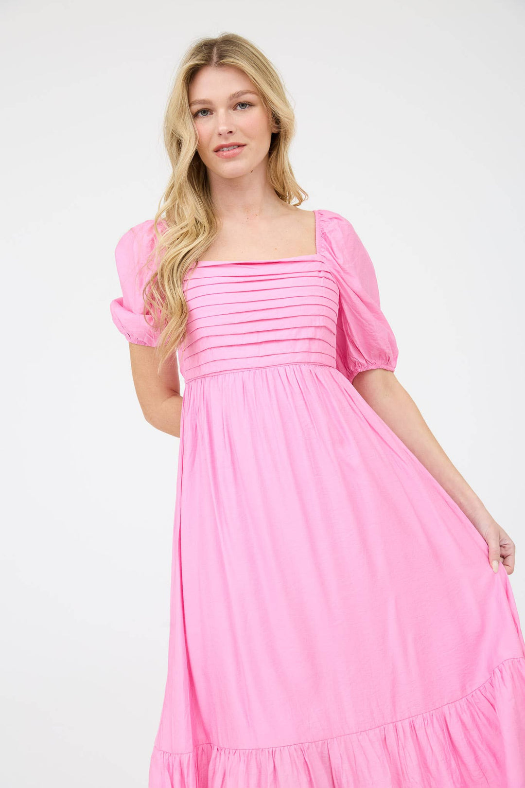 CHARLOTTE PLEATED EMPIRE WAIST PUFF SLEEVE MIDI DRESS