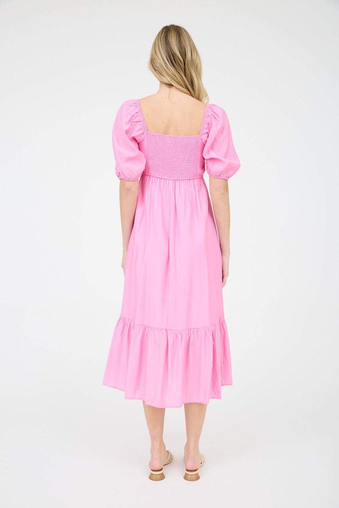 CHARLOTTE PLEATED EMPIRE WAIST PUFF SLEEVE MIDI DRESS