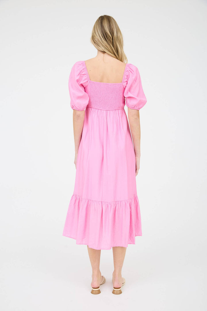 CHARLOTTE PLEATED EMPIRE WAIST PUFF SLEEVE MIDI DRESS