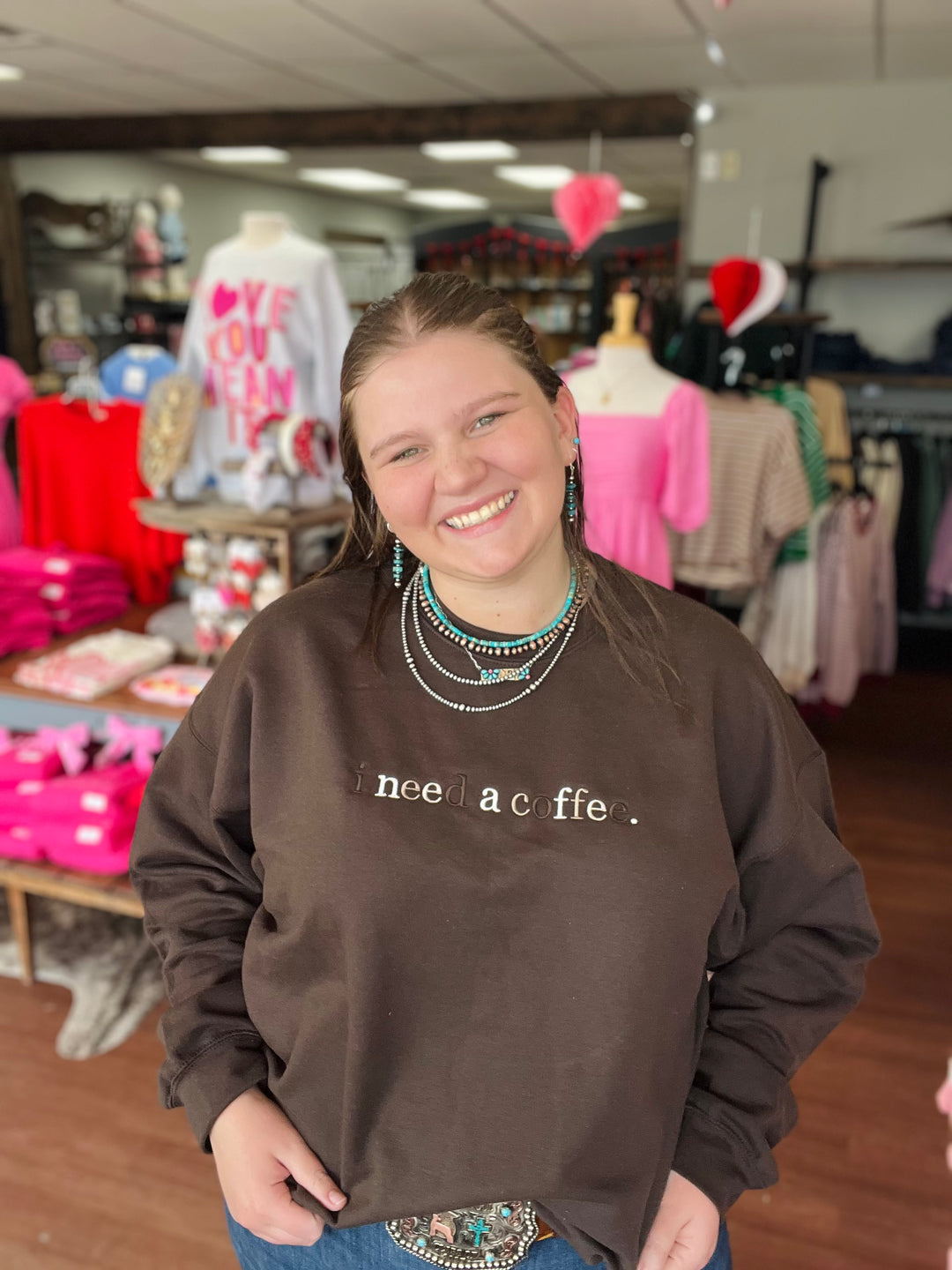 I Need a Coffee Embroidered Crewneck Sweatshirt | Minimal