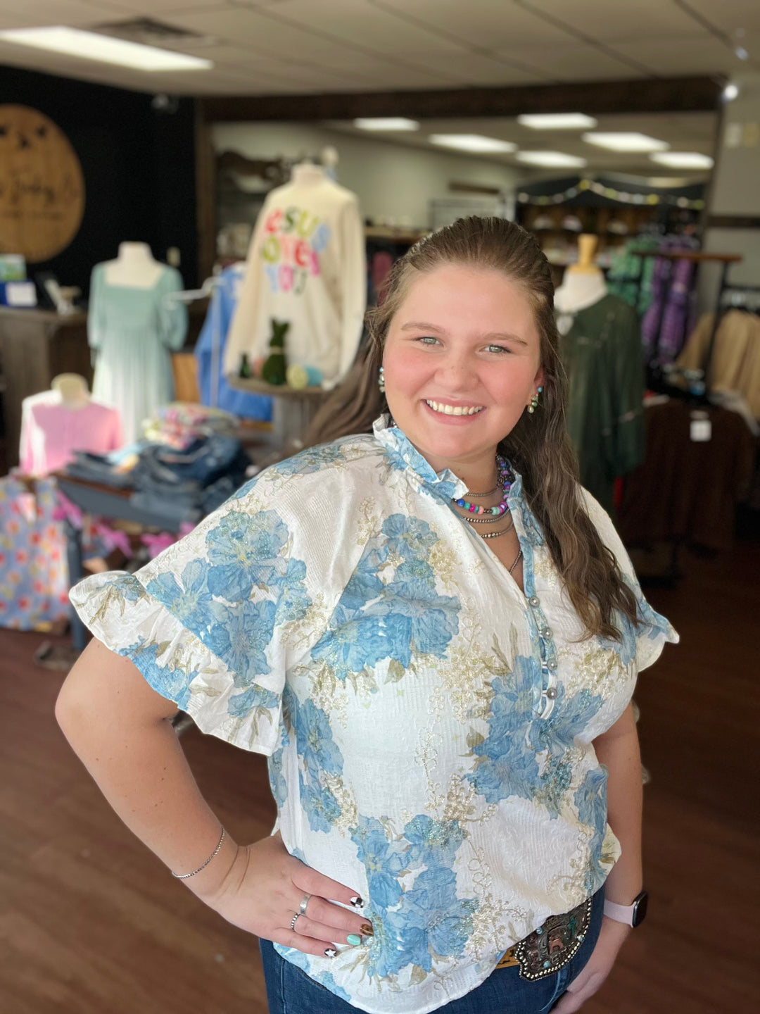 Blue Floral Button Up Blouse Top