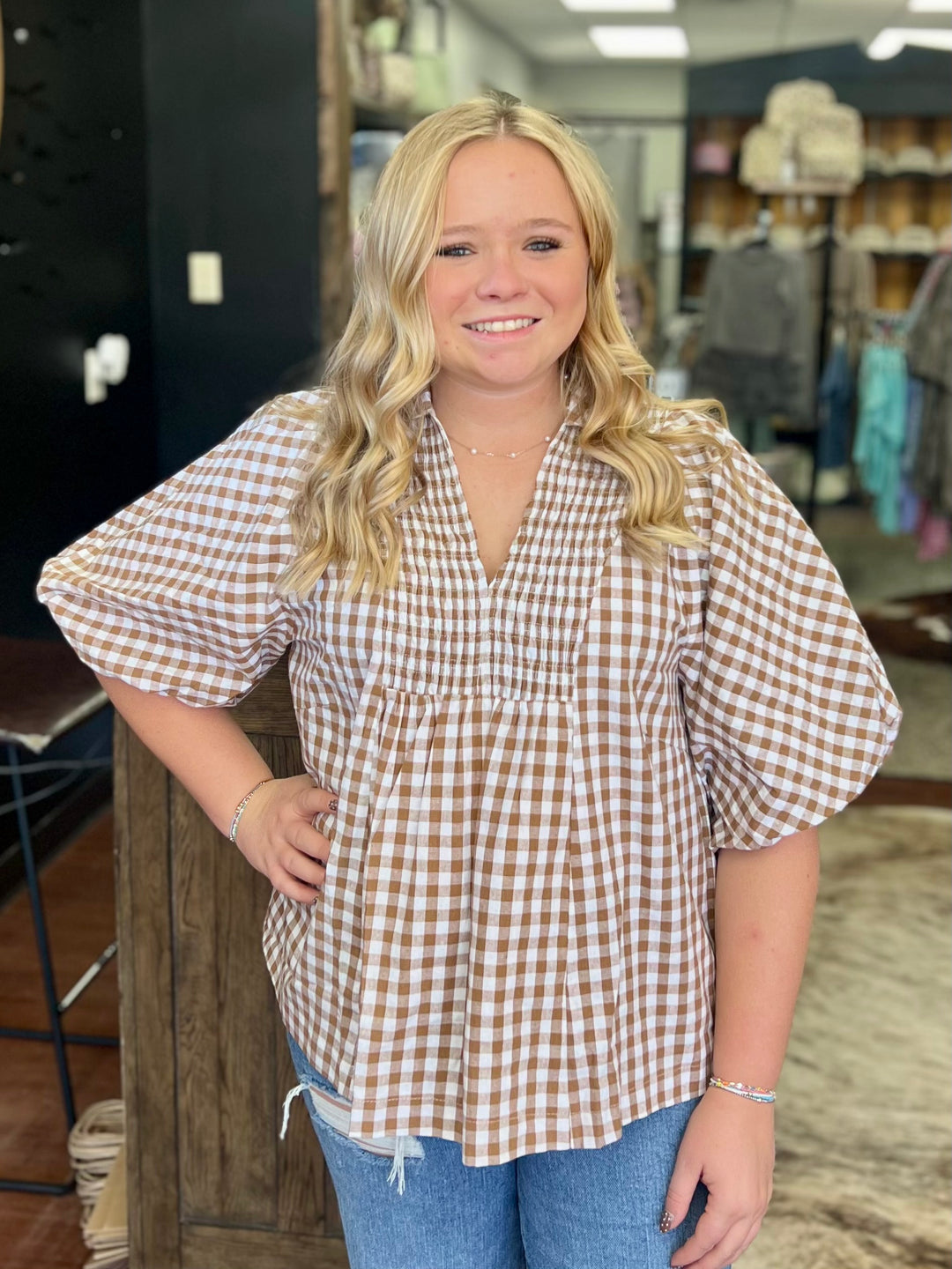 Gingham Smocked Yoke Puff Sleeve Blouse