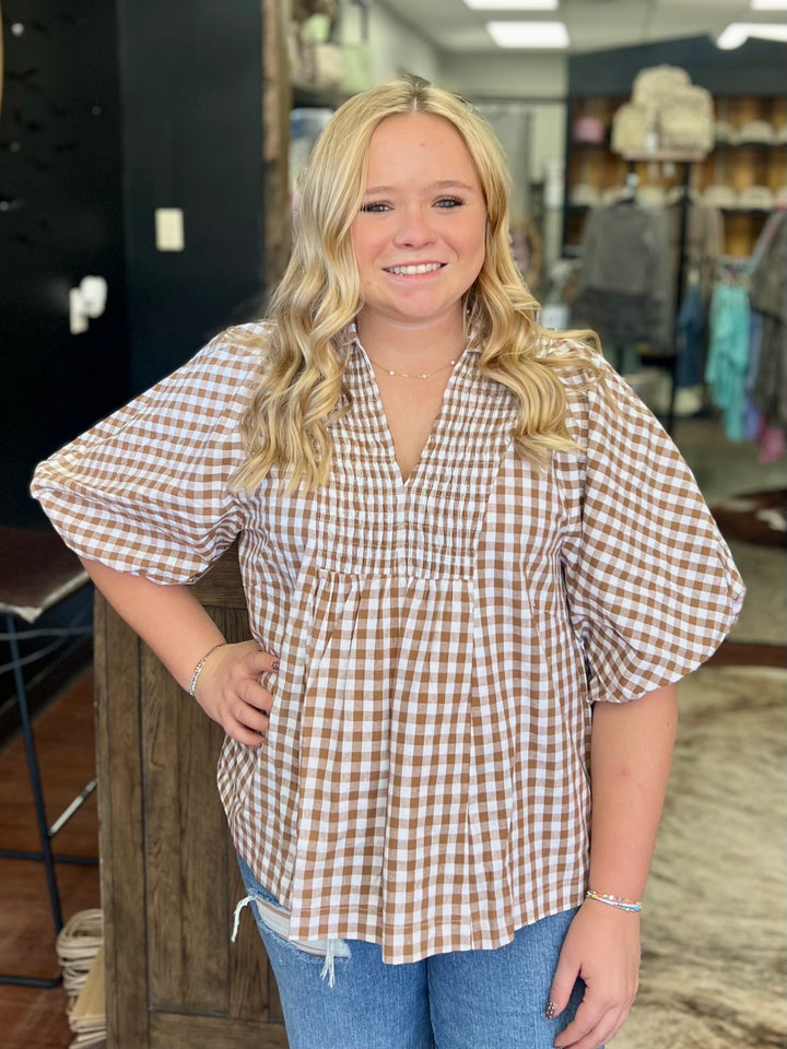 Gingham Smocked Yoke Puff Sleeve Blouse