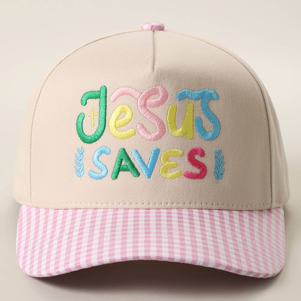 JESUS SAVES Embroidered Gingham Brim Trucker Hat