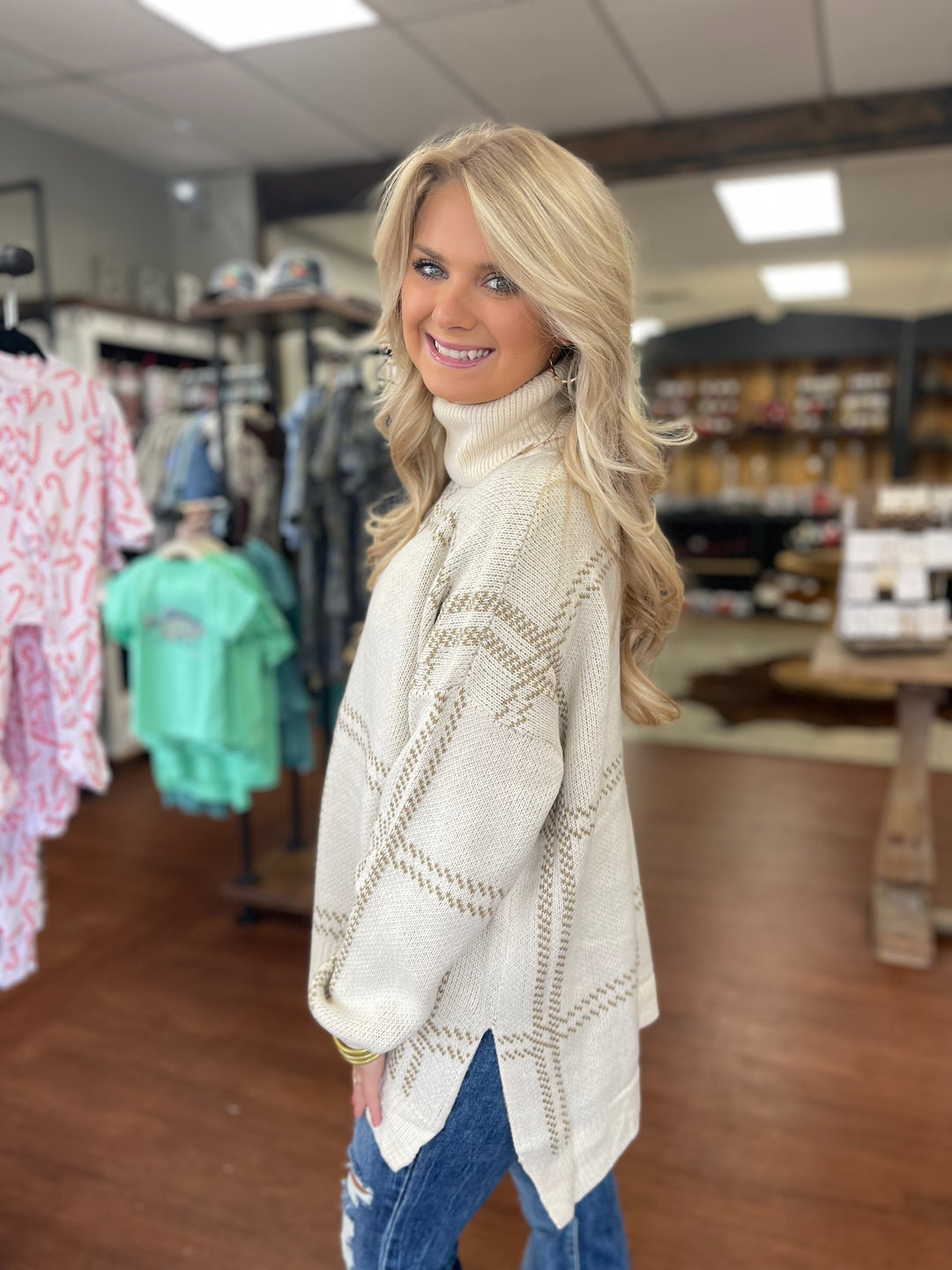 Plaid Cream Turtle Neck Sweater