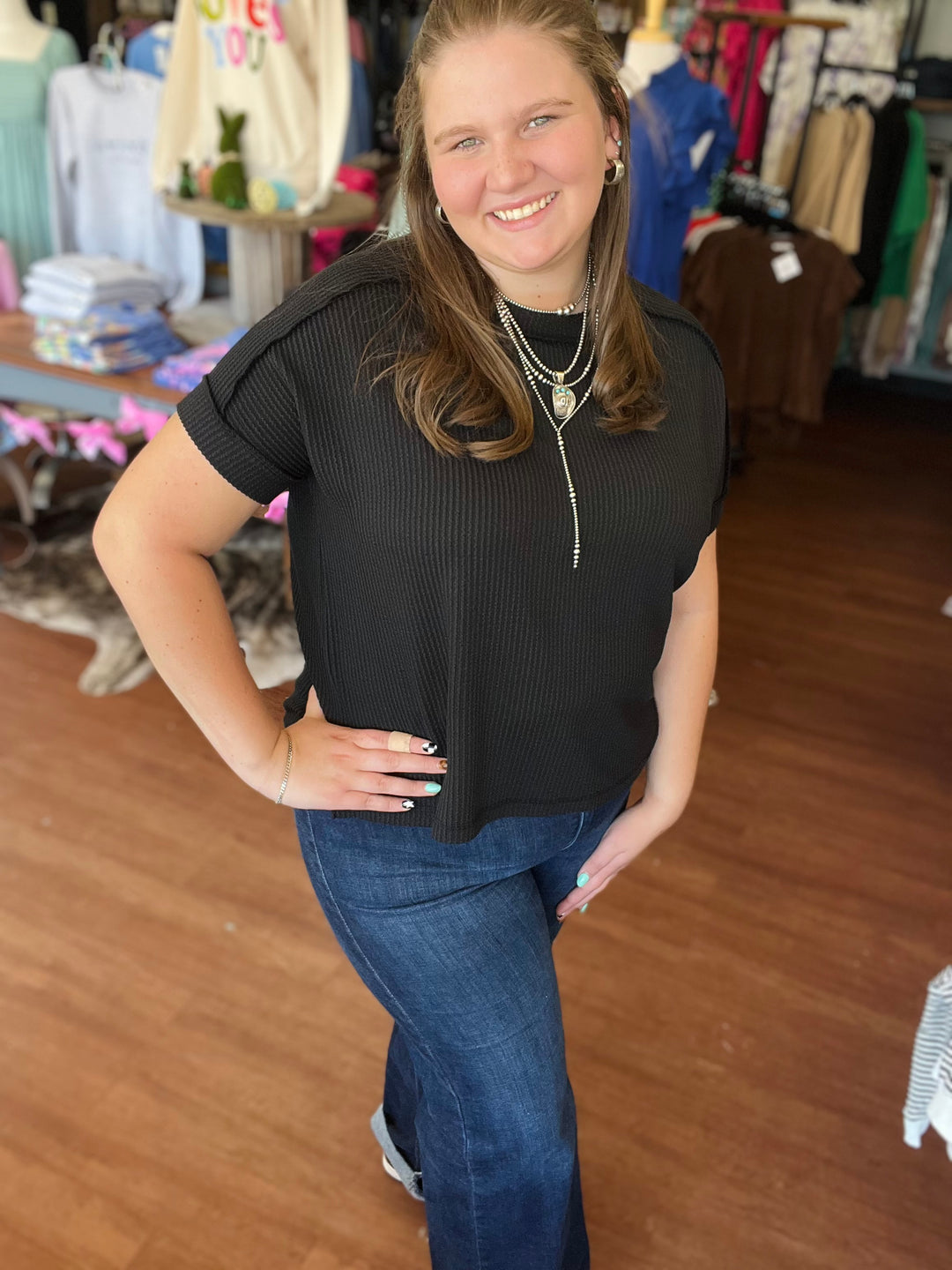 Carrie Corded Rib Cuff Sleeve Raw Edge Top