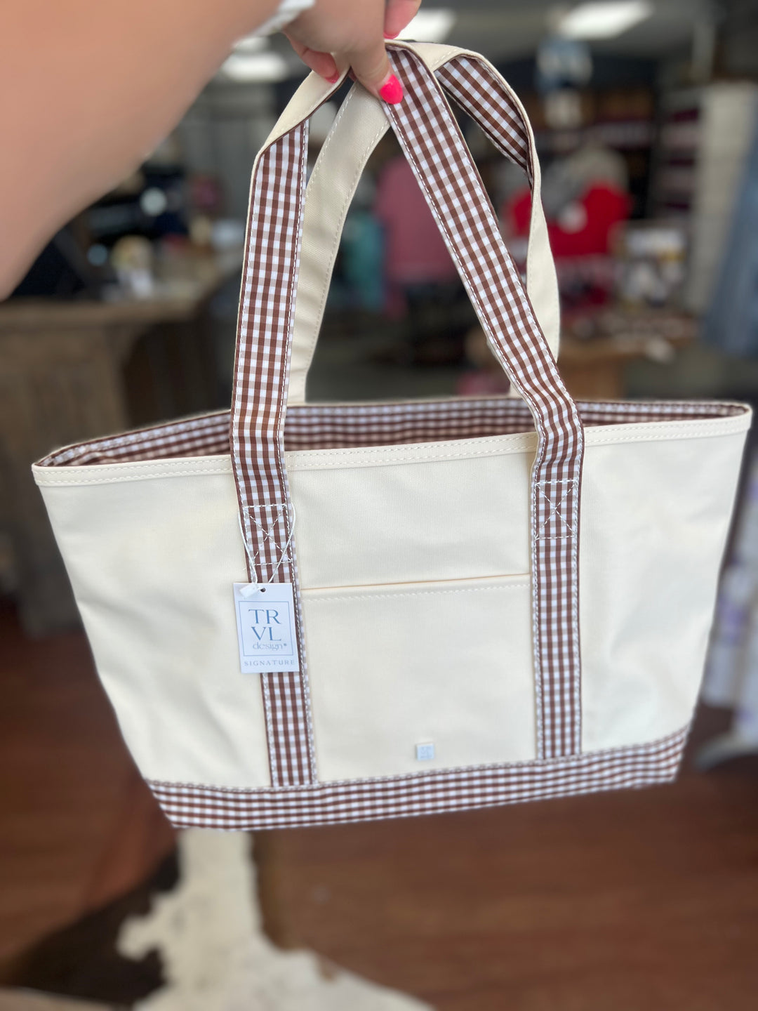 TRVL MEDIUM TOTE - COATED CANVAS NATURAL with GINGHAM COCO TRIM