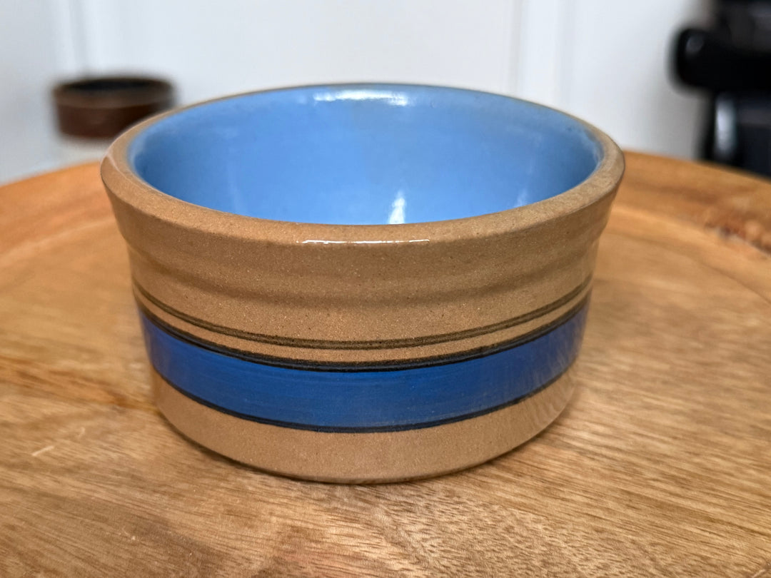 Vintage Small Brown Crock Pottery Bowl with Blue Stripe & Interior