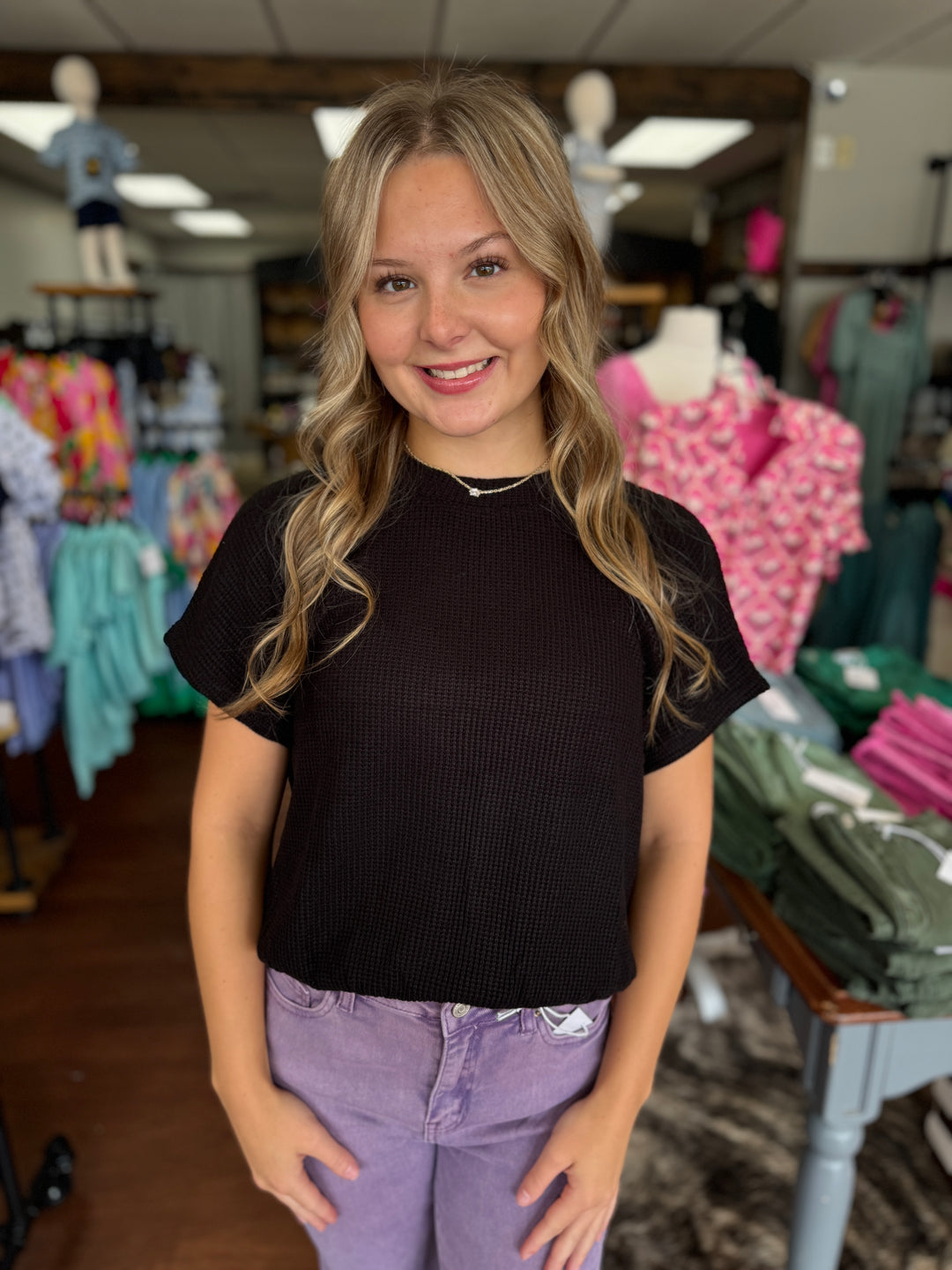 ROUND NECK BANDED BOTTON SHORT SLEEVE SWEATER TOP