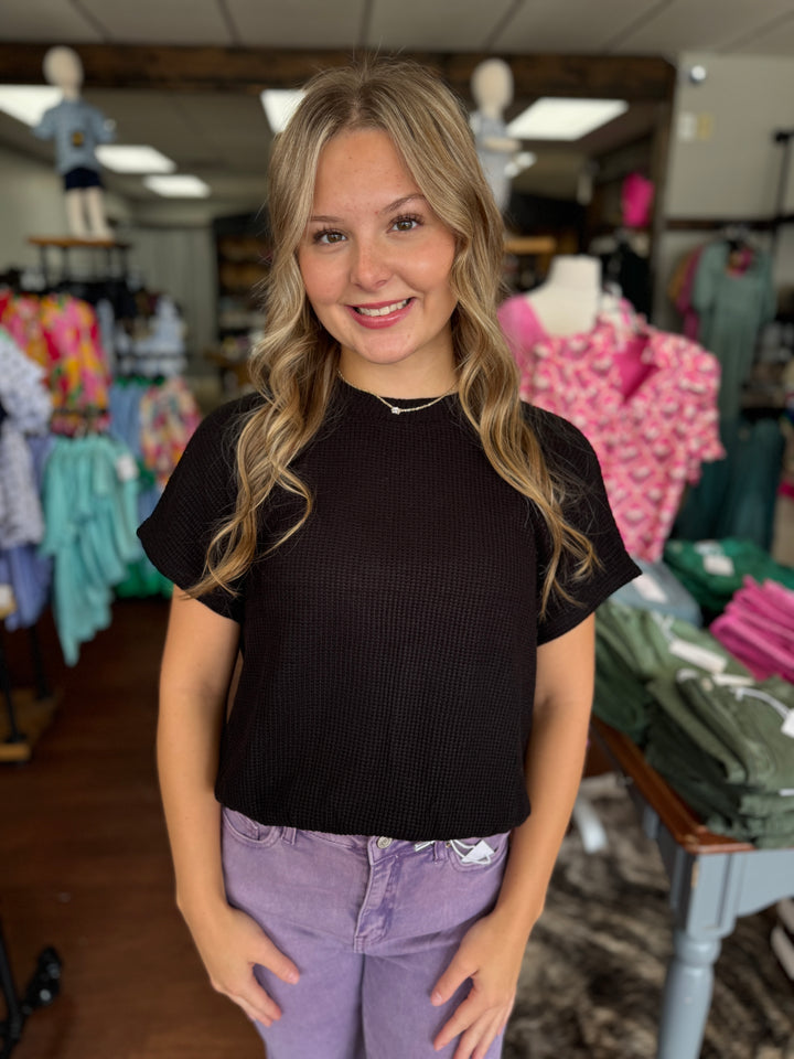 ROUND NECK BANDED BOTTON SHORT SLEEVE SWEATER TOP