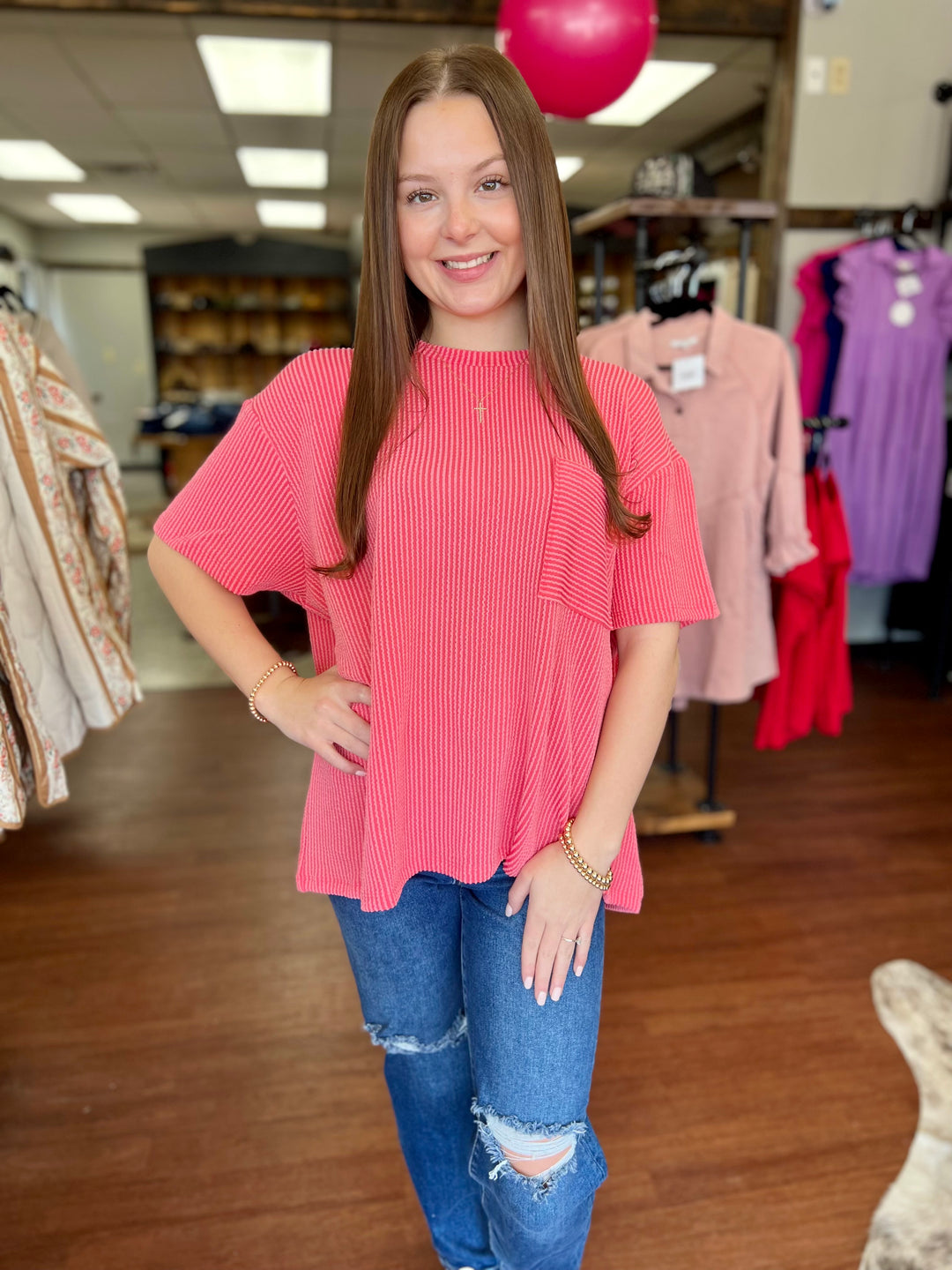 Callie Corded Rib Short Sleeve Pocket Top