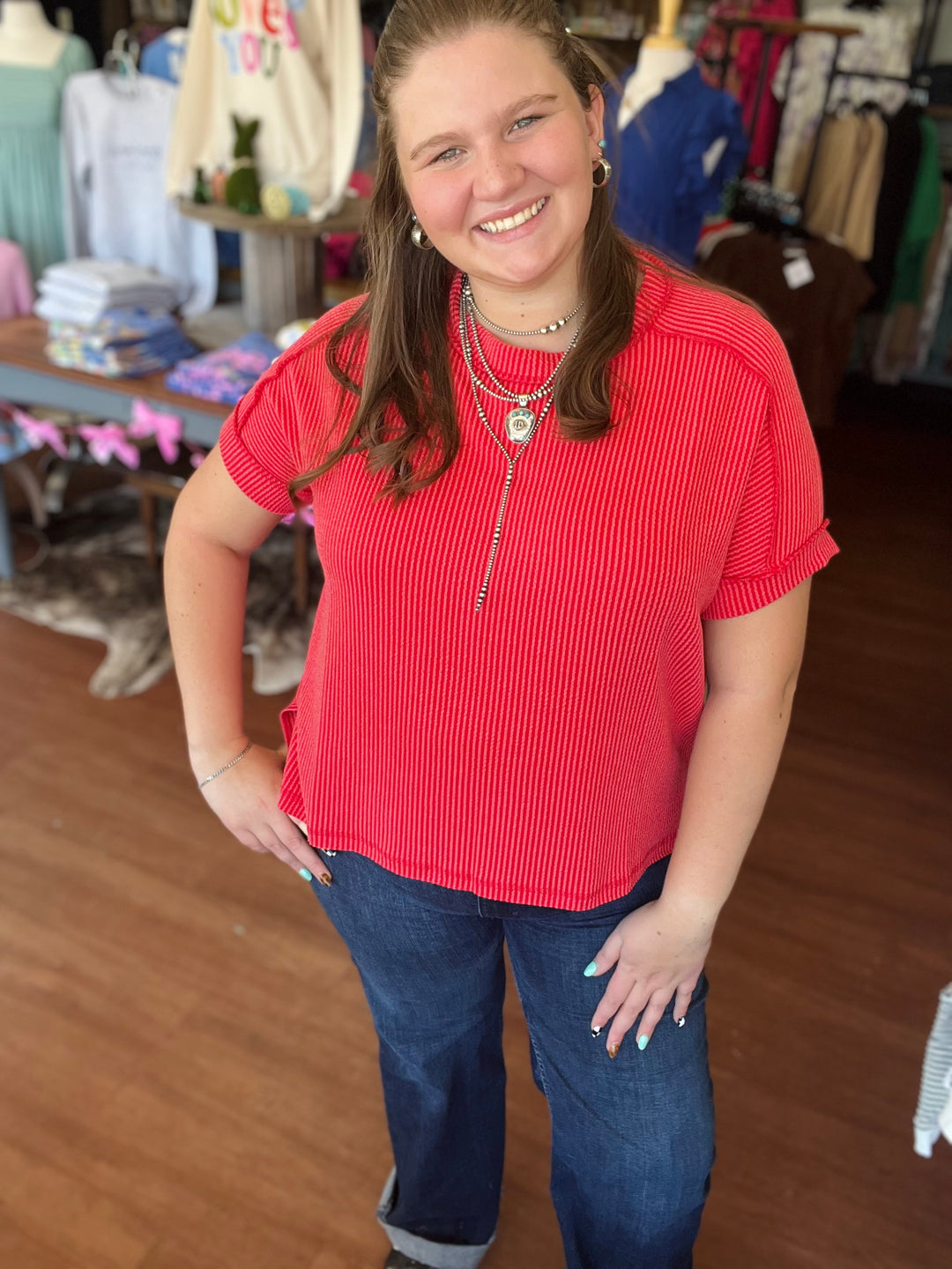 Carrie Corded Rib Cuff Sleeve Raw Edge Top