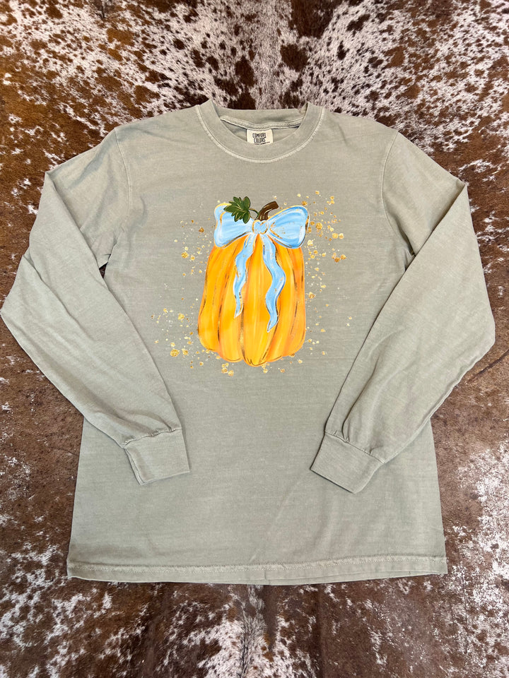 Orange Watercolor Pumpkin Blue Bow LS Tee