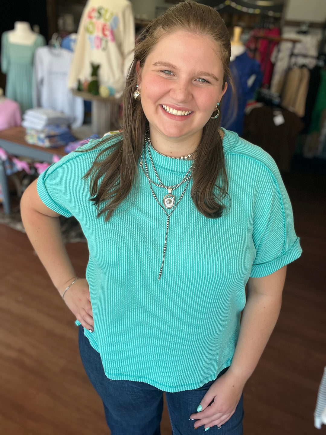 Carrie Corded Rib Cuff Sleeve Raw Edge Top