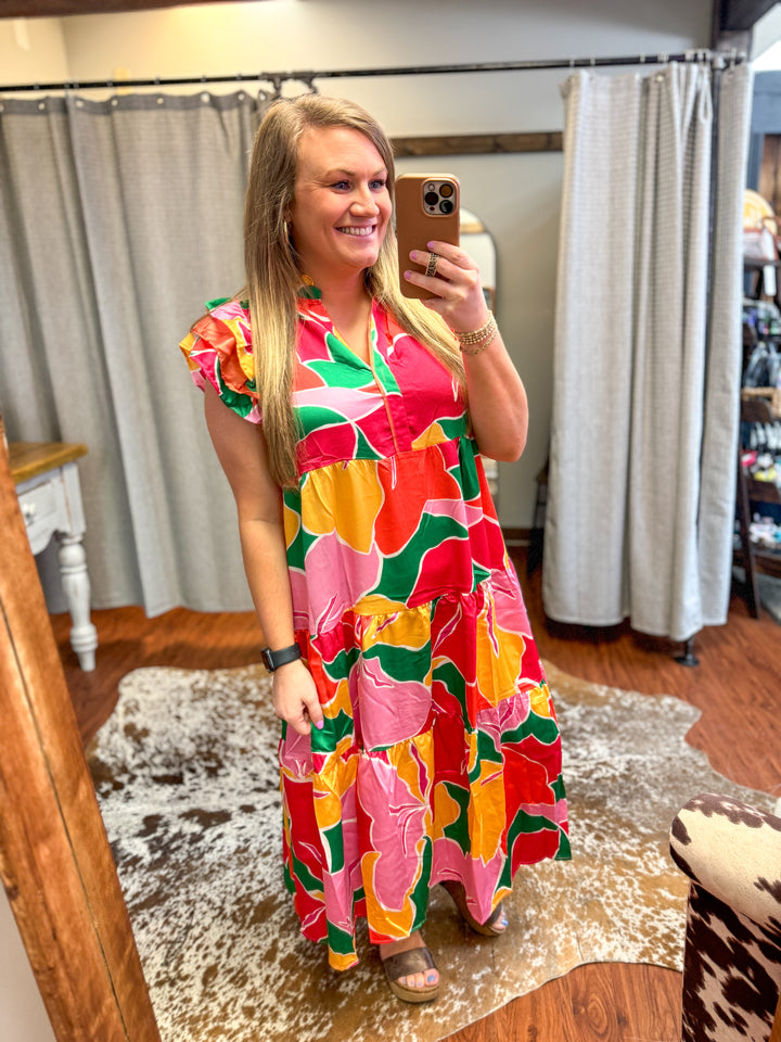 Tropical Satin Midi Dress