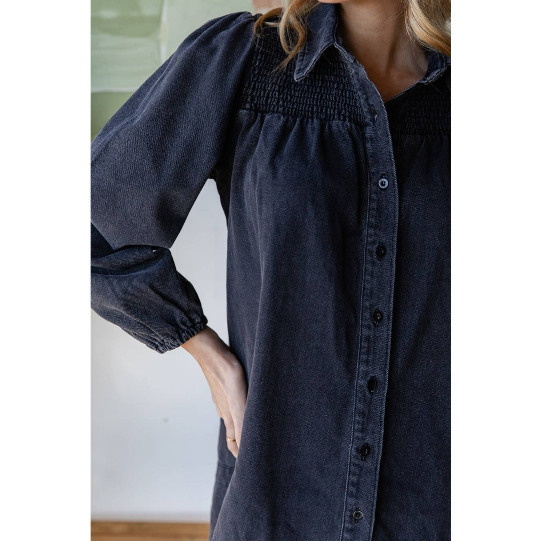 Smocked Shoulder Puff Sleeve Denim Shirt Dress