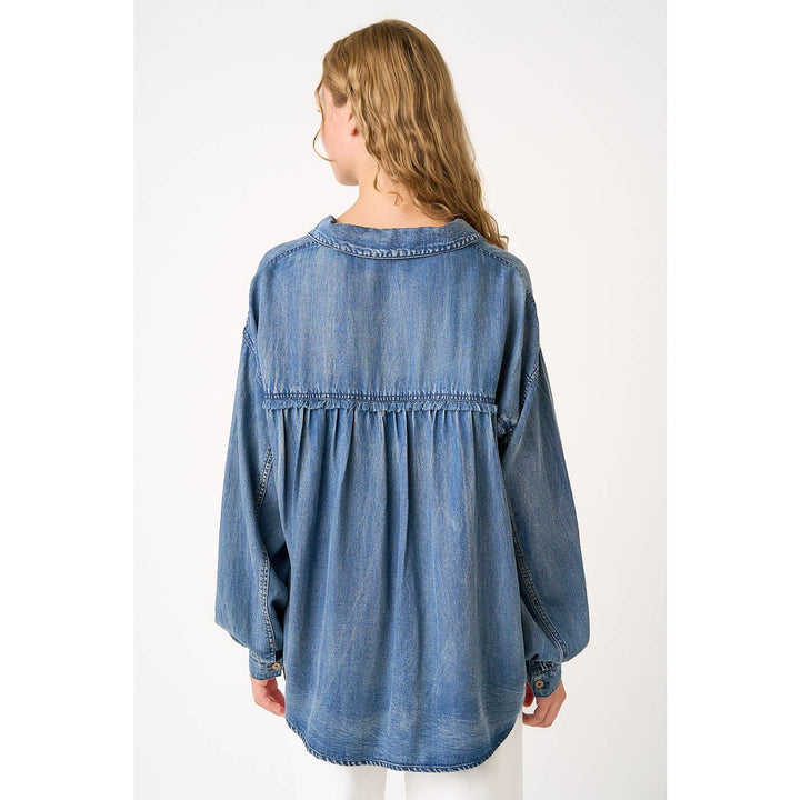 WASHED CHAMBRAY RAW EDGE FRILL BUTTON DOWN SHIRT