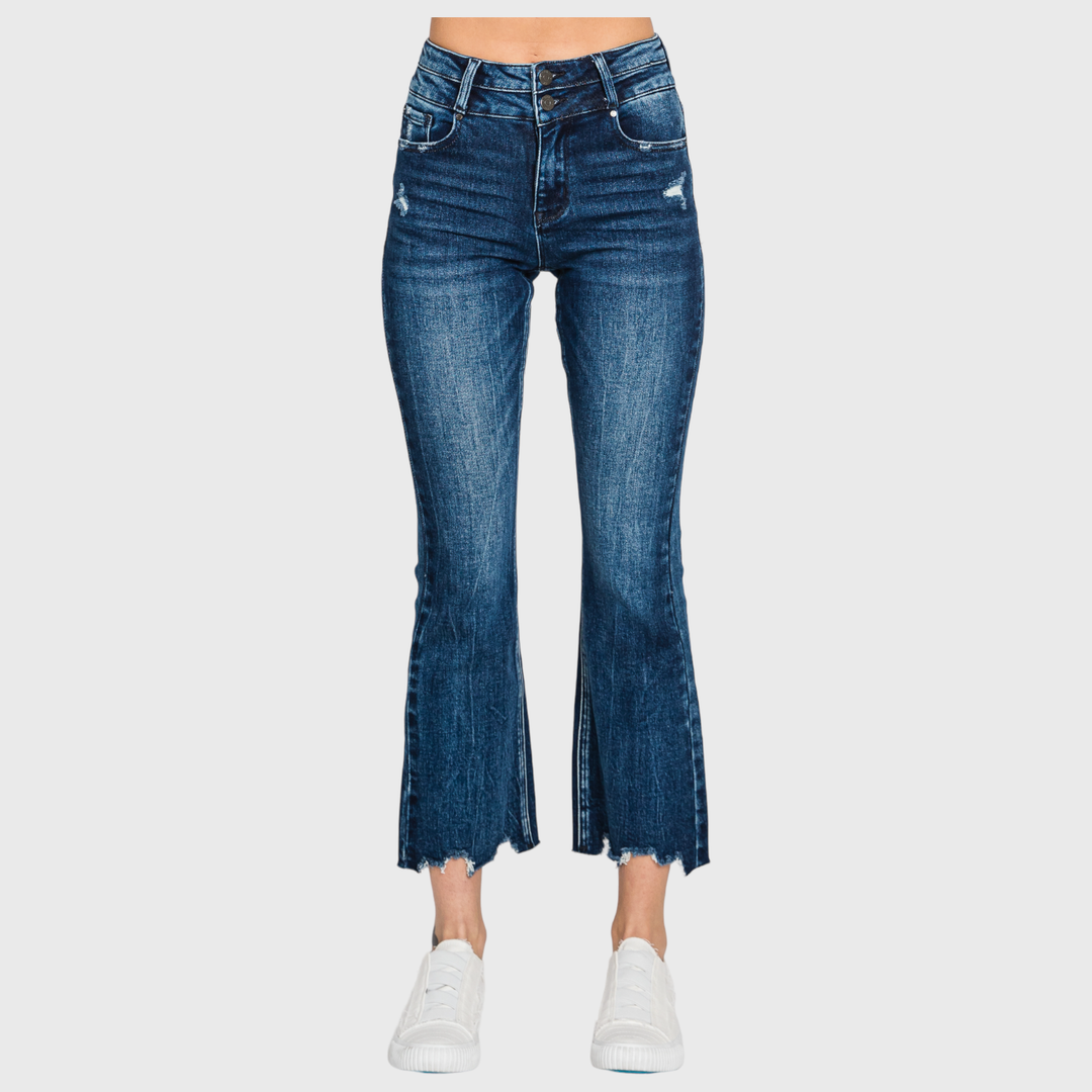 PETRA HIGH RISE CROP BOOTCUT JEANS W/ FRAYED HEM