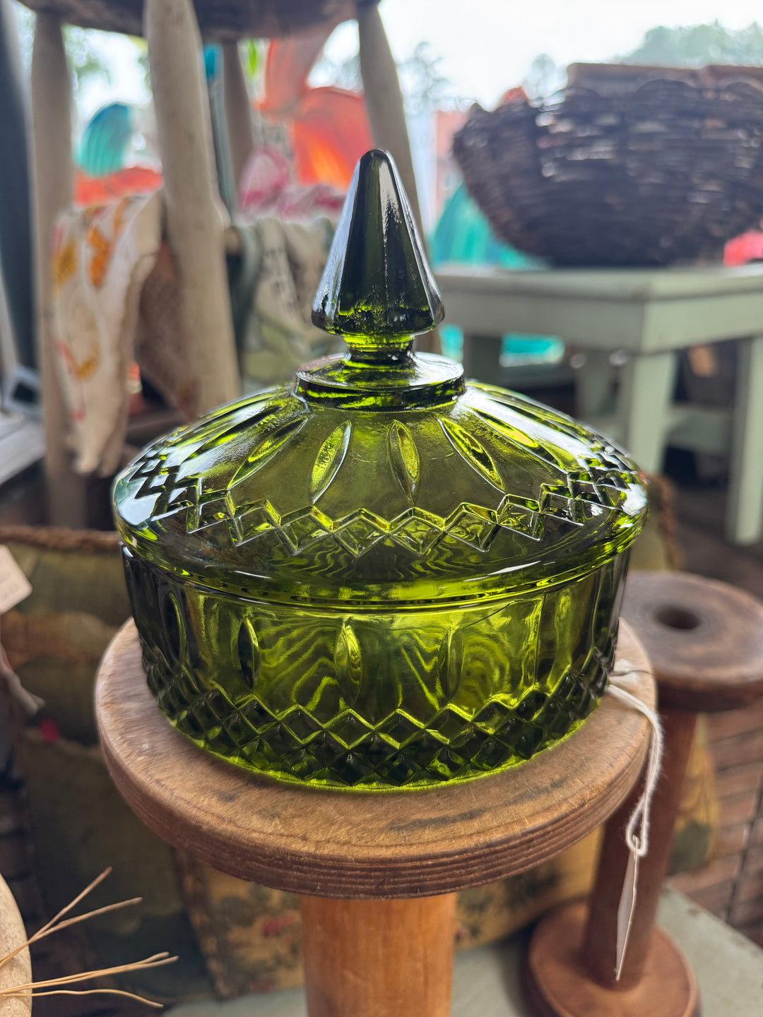 Vintage Avocado Green Glass Indiana Glass Candy Dish