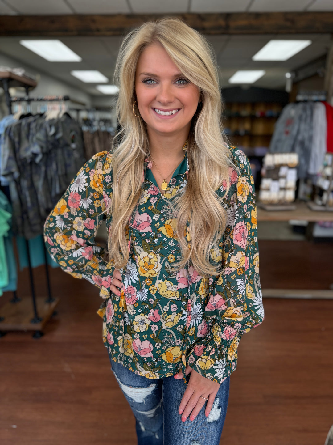 Hunter Green Floral Top